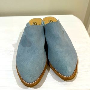 Blue suede slip on backless booties